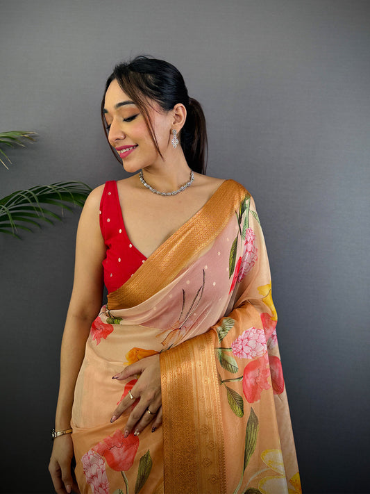 Orange Soft Organza Digital Print Saree by My Store