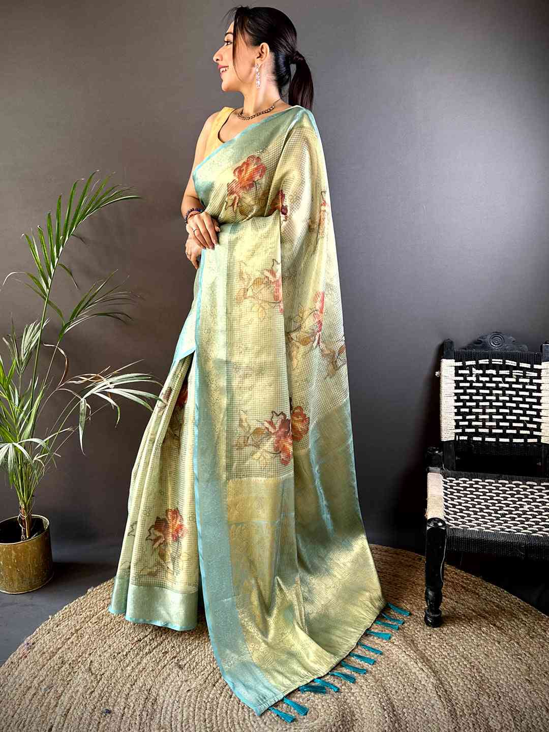 Stylish Green Self Gold Zari Floral Print Saree by My Store