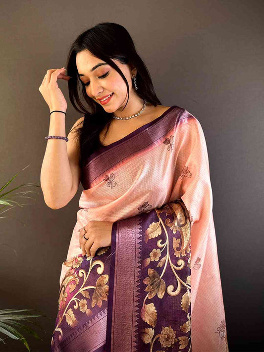Pastel Pink Kota Doriya Zari Weave Digital Print Saree by My Store