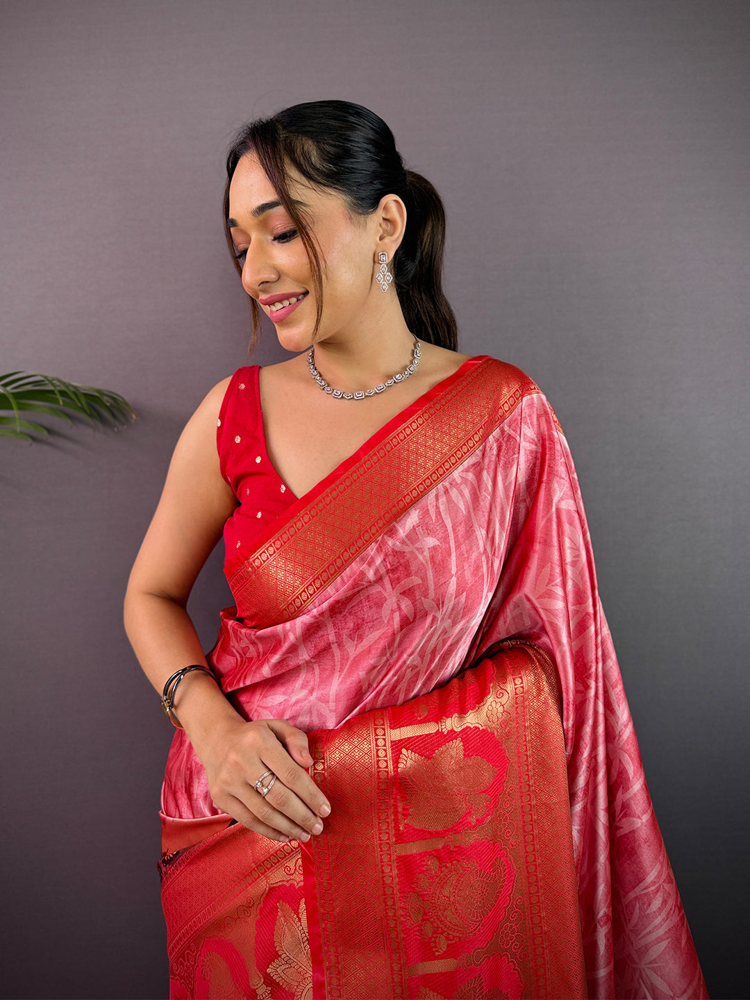Radiance Soft Cherry Satin Kalamkari Print Saree by My Store