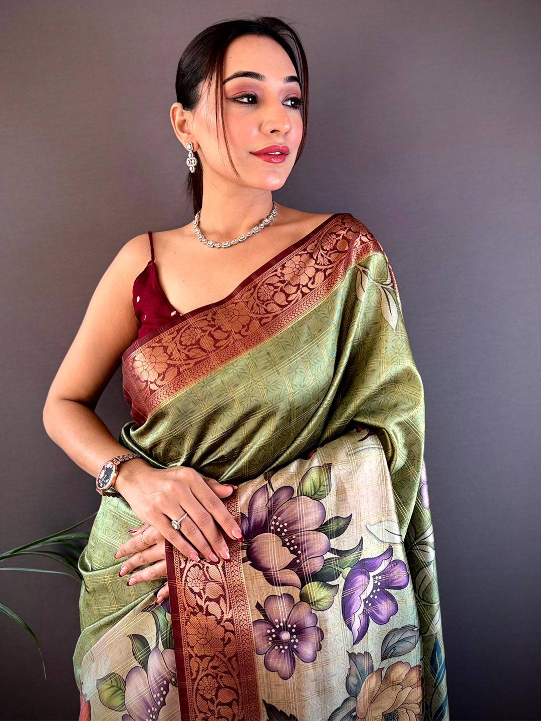 Olive Ombre Floral Digital Print Saree by My Store