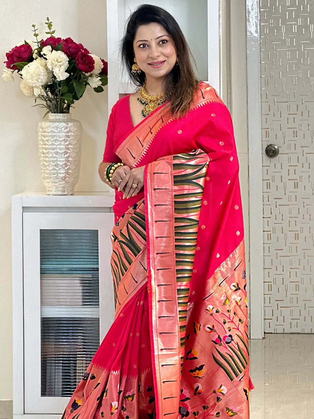 Pink Colour Paithani Silk Saree With Tassel by My Store
