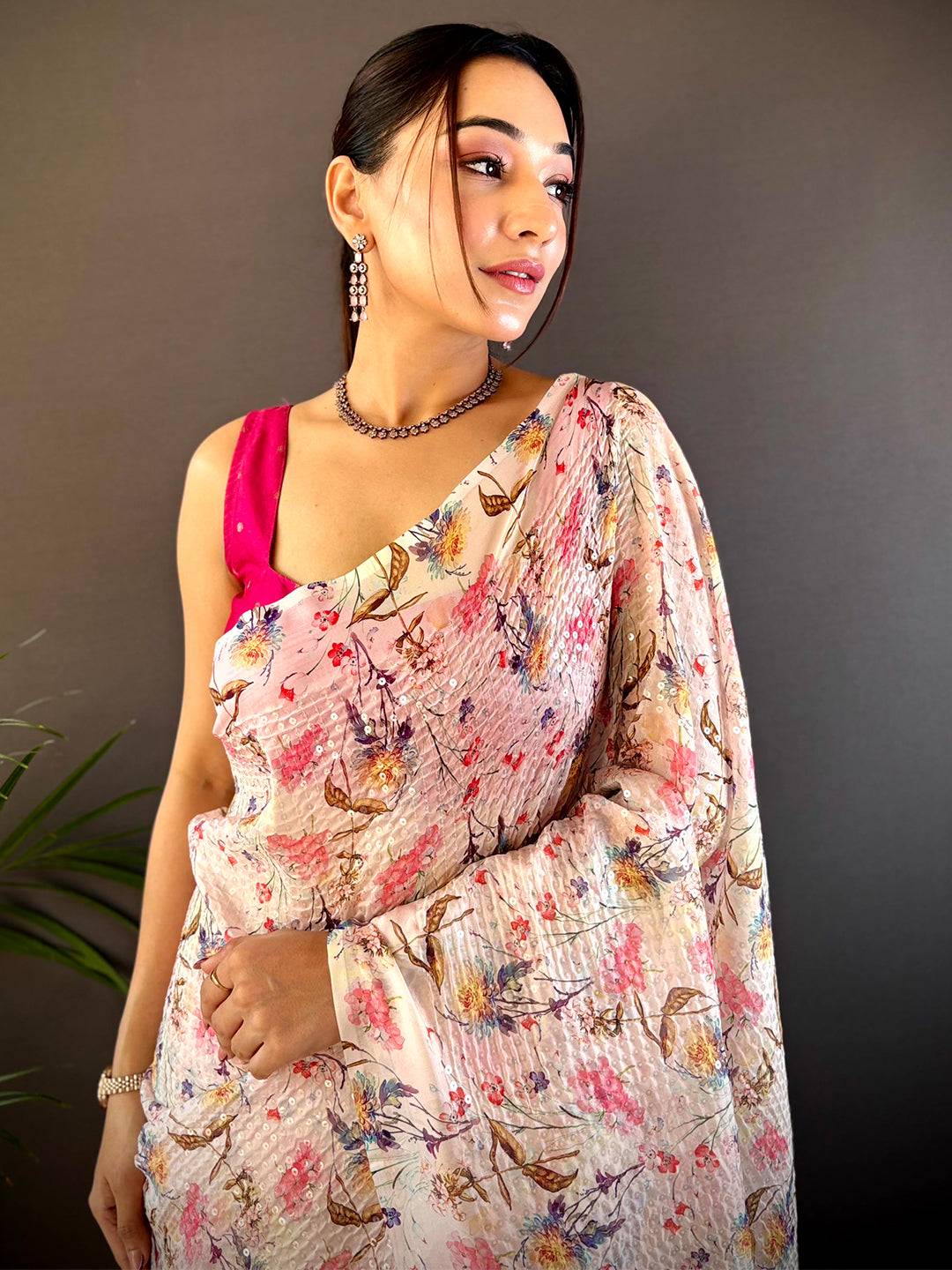 Peach Soft Tebi Silk Sequin Work Saree by My Store