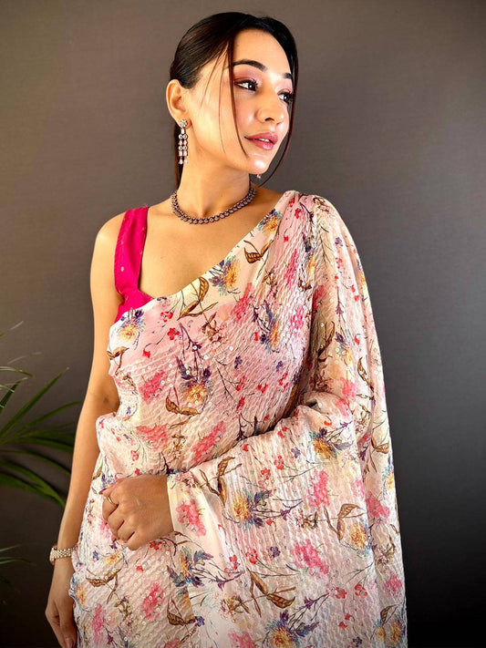 Peach Soft Tebi Silk Sequin Work Saree by My Store