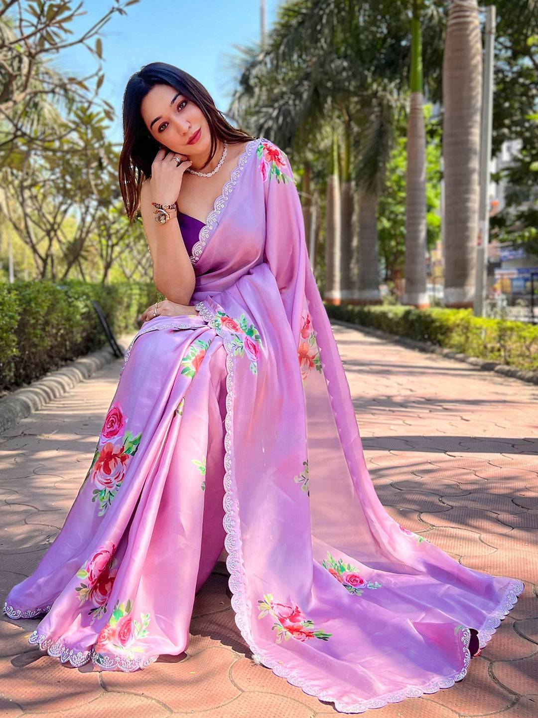 Lavender Satin Georgette Floral Print Saree