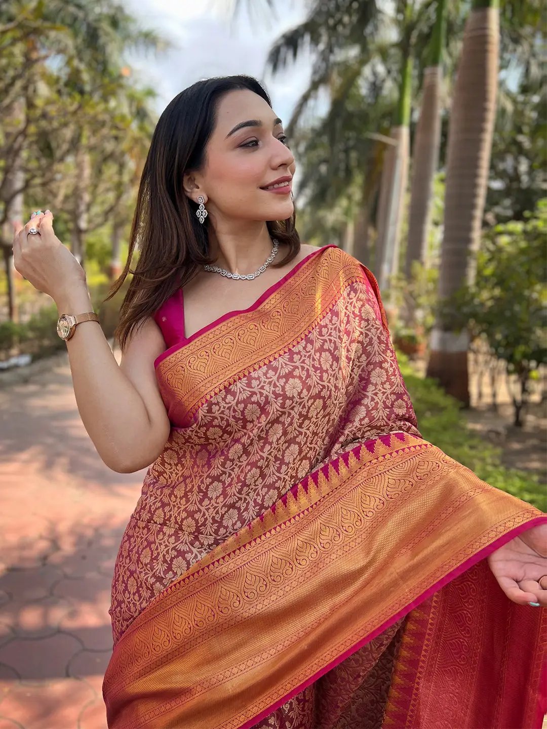 Pink Colour One Gram Gold Tissue Saree With Jacquard Woven Work by My Store