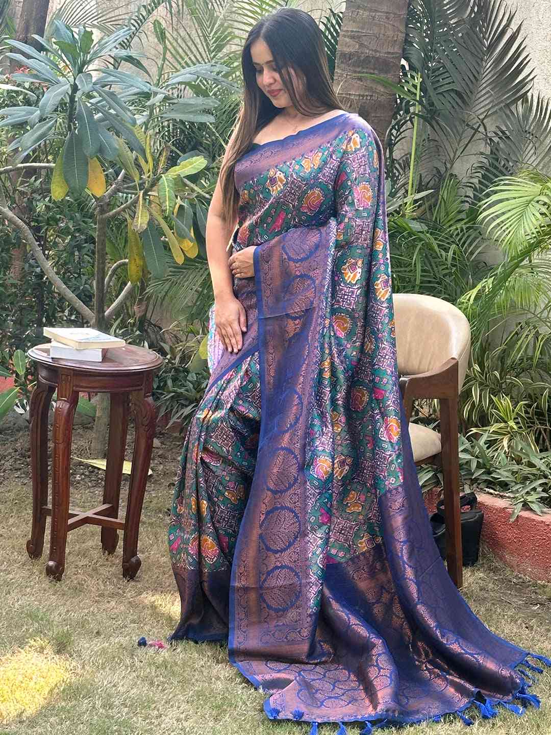 Teal Colour Dola Silk Saree With Gold And Silver Zari Work by My Store