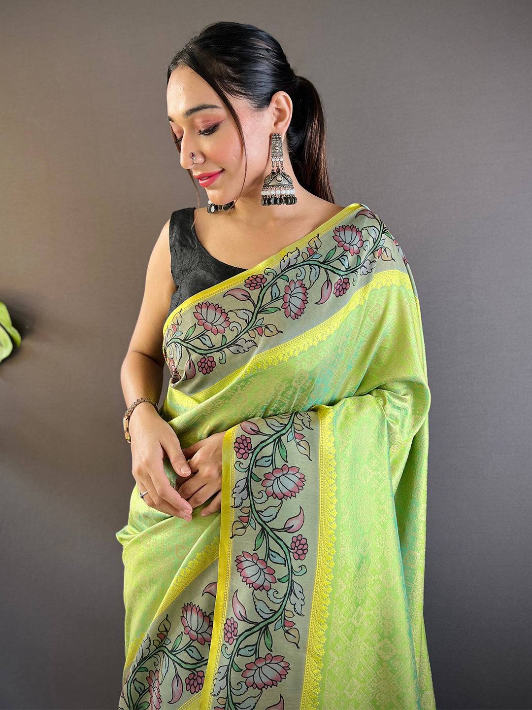 Lime Patola And Kalamkari Fusion Saree by My Store