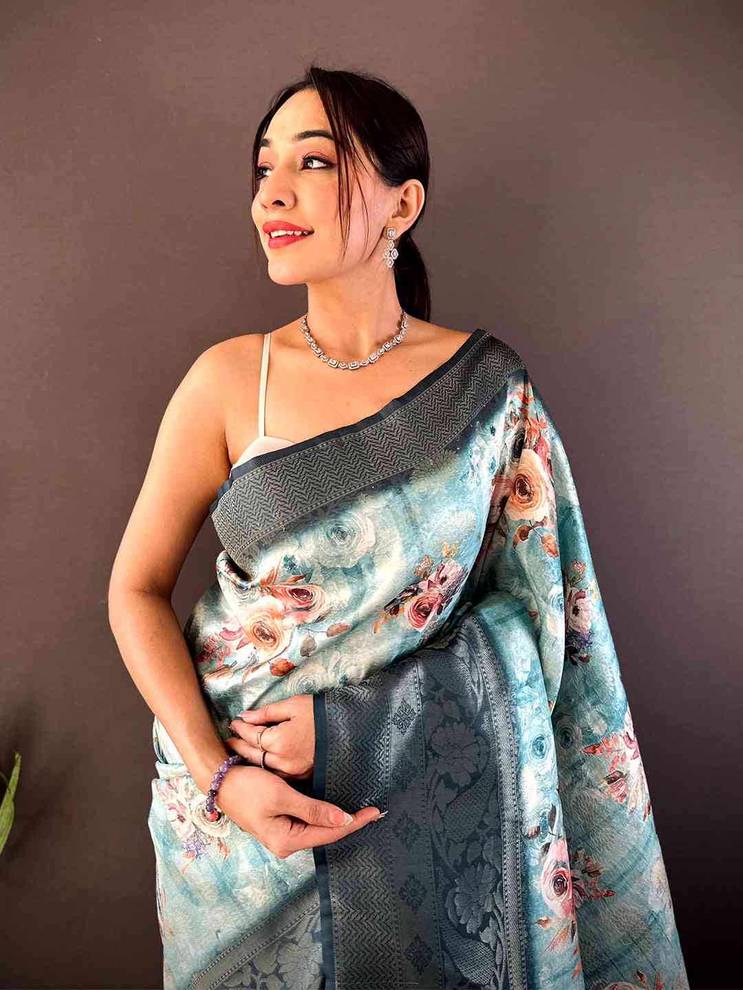 Teal Kanjivaram Digital Silk Saree by My Store