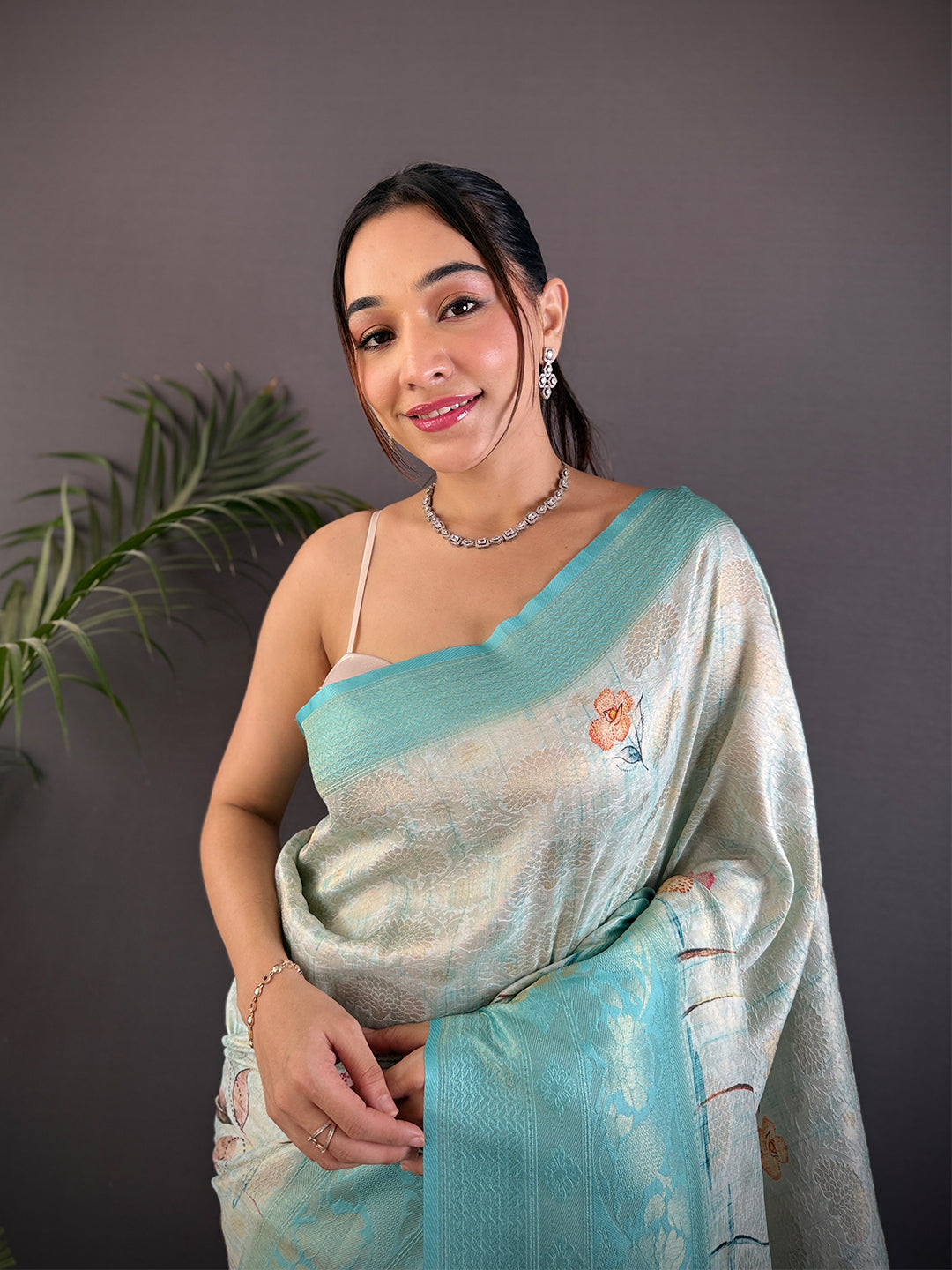 Sky Blue Kanjivaram Silk Digital Print Saree by My Store