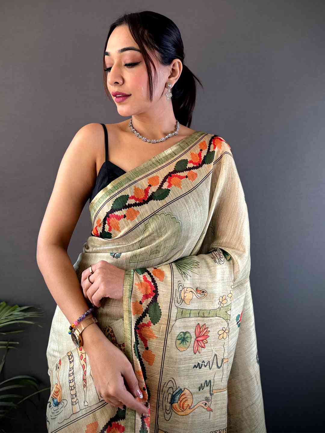 Swamp Green Jungle Floral Zari Tissue Saree by My Store