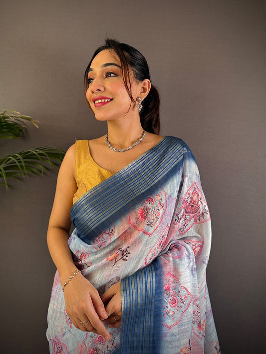 Pastel Blue Linen Digital Printed Saree by My Store