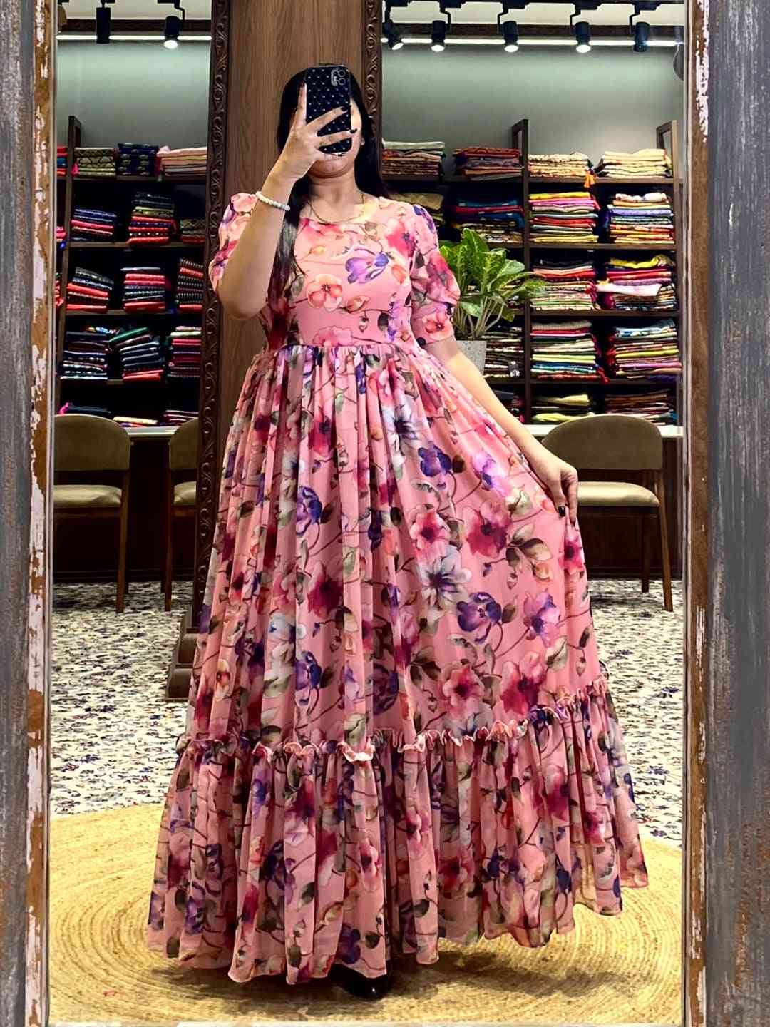 Salmon Pink Floral Georgette Dress by My Store