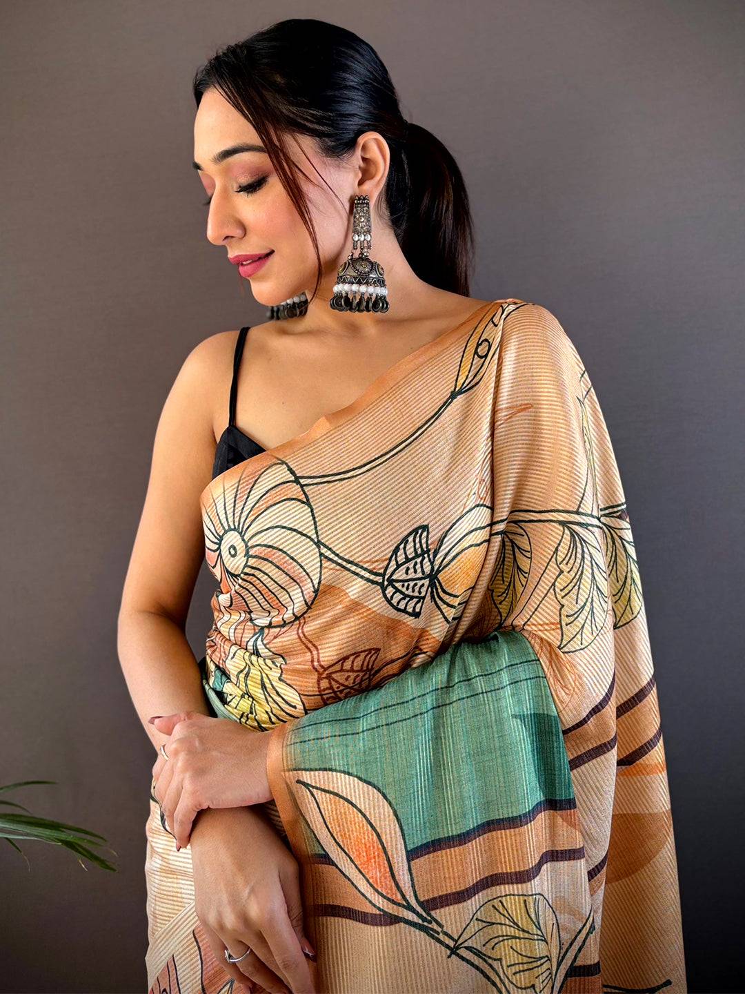 Peach Zari Tussar Printed Saree by My Store