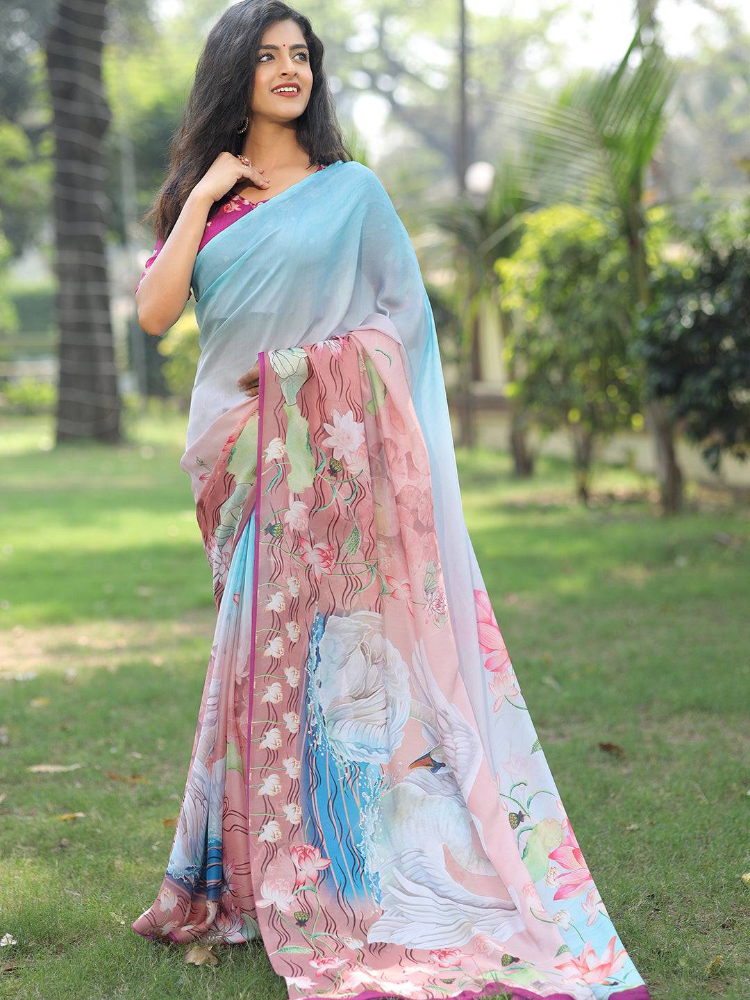 Satin Georgette Sky Blue Colour Hand Print Saree - Luxe by My Store