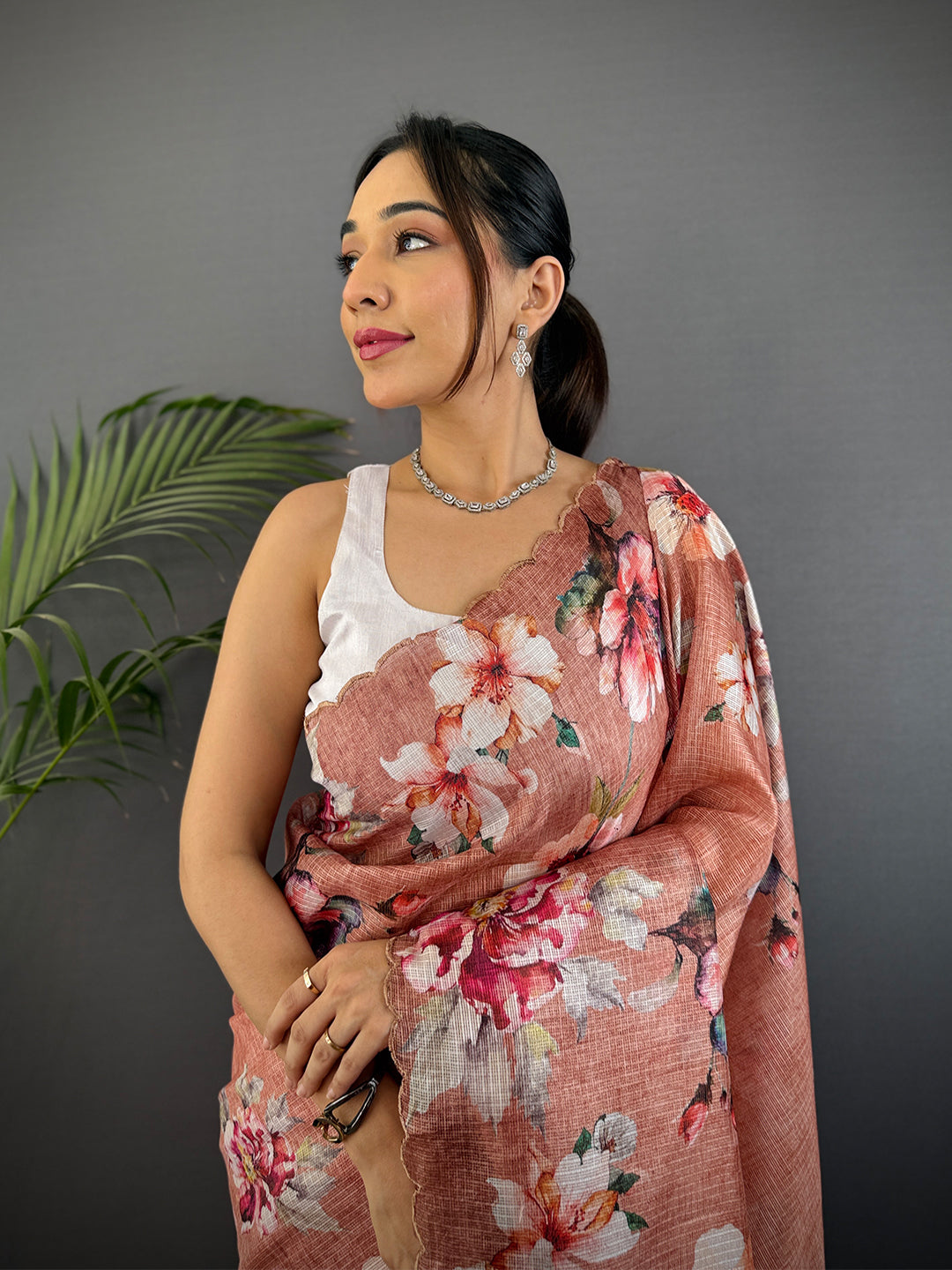 Peach Kota Doriya Floral Cut Work Saree by My Store