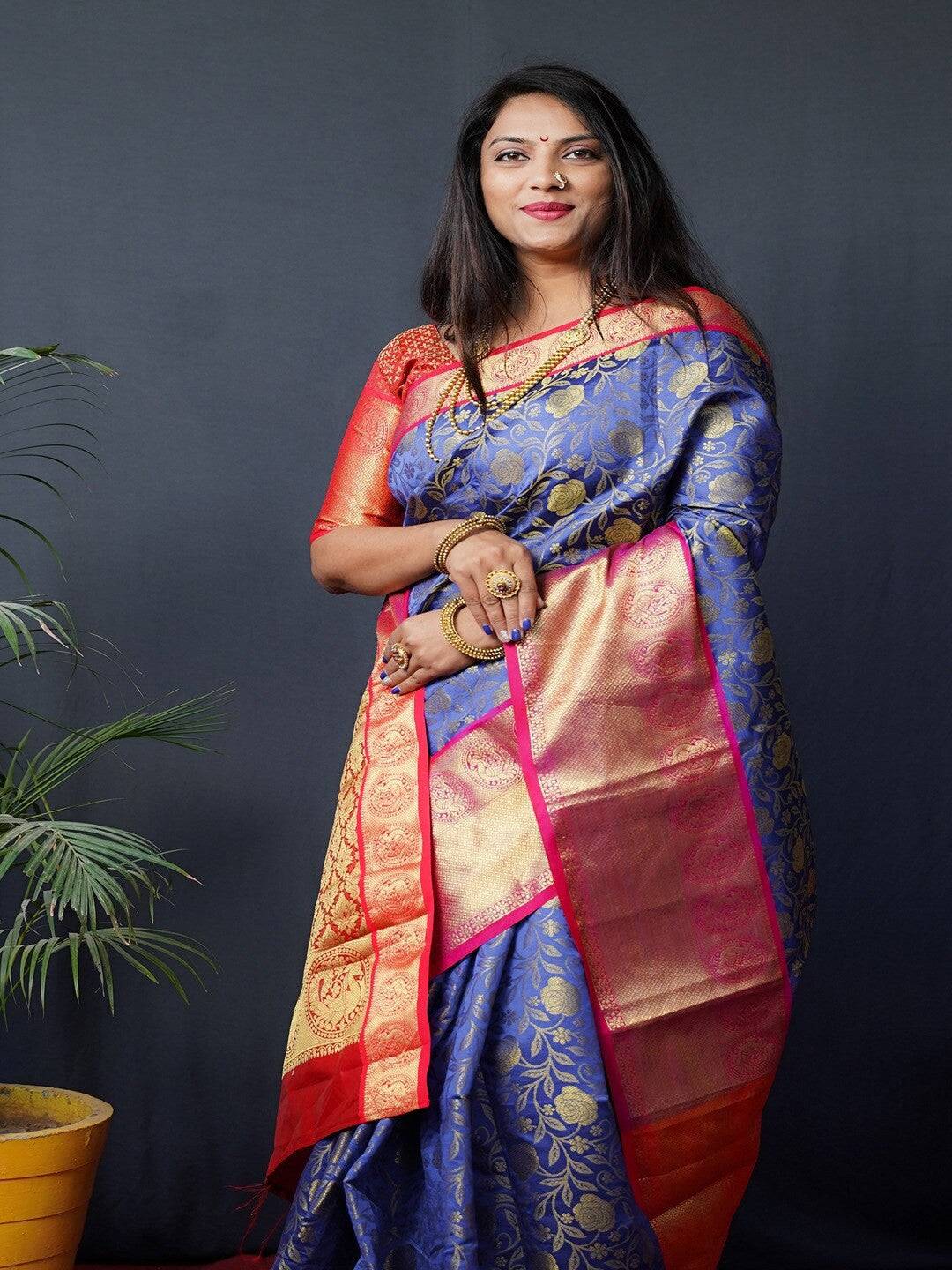Royal Blue Floral Zari Banarasi Kanjivaram Silk Saree by My Store