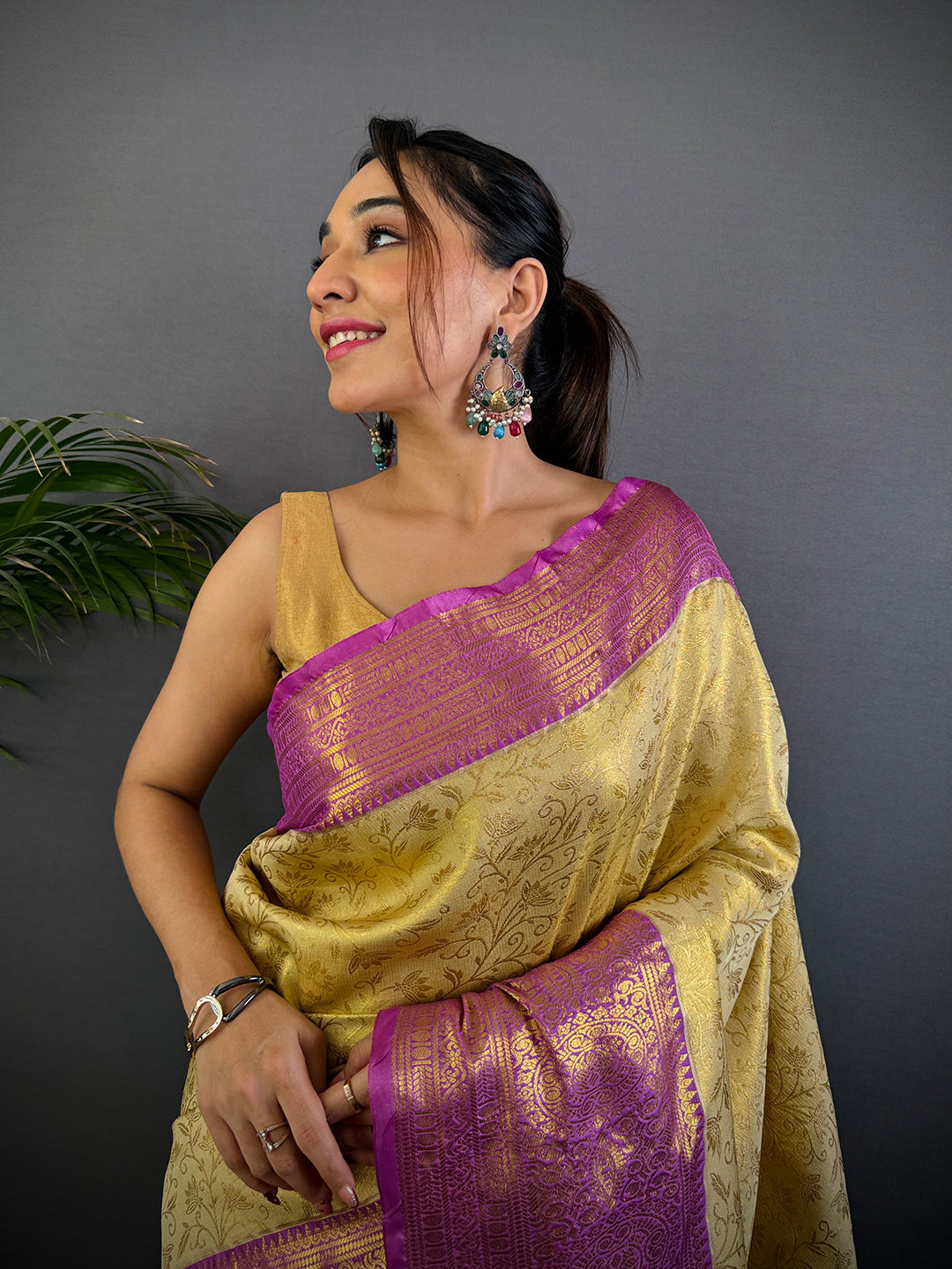 Golden Beige Dharmavaram Silk Saree