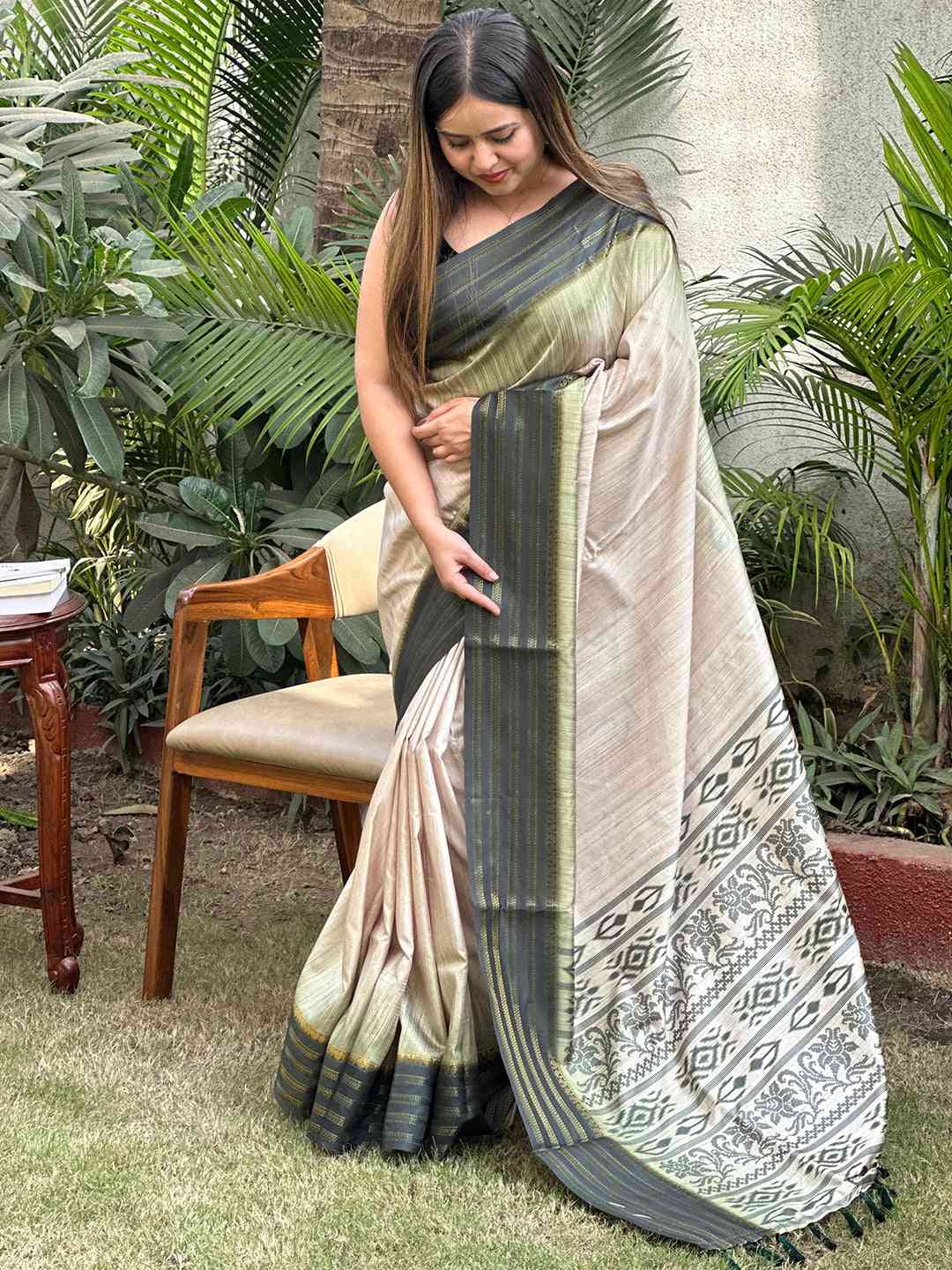 Ikkat Motifs and Paisley Prints on Ghicha Saree by My Store