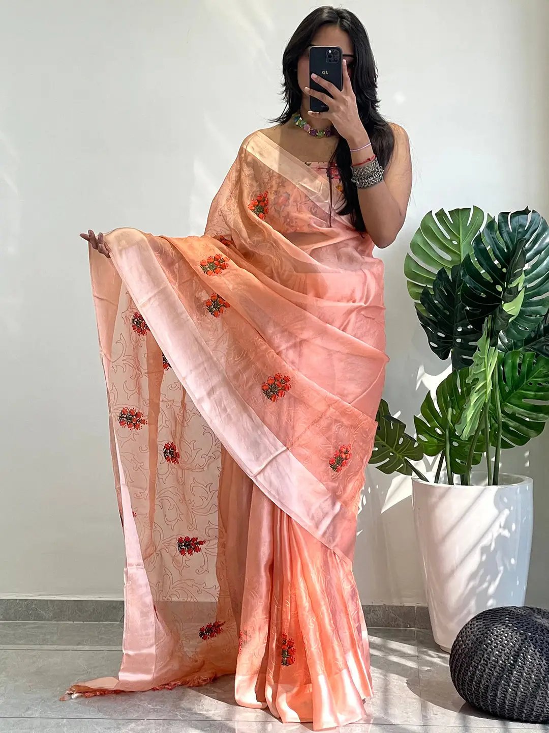 Soft Chiffon Satin Saree With Flower Embroidered Work by My Store