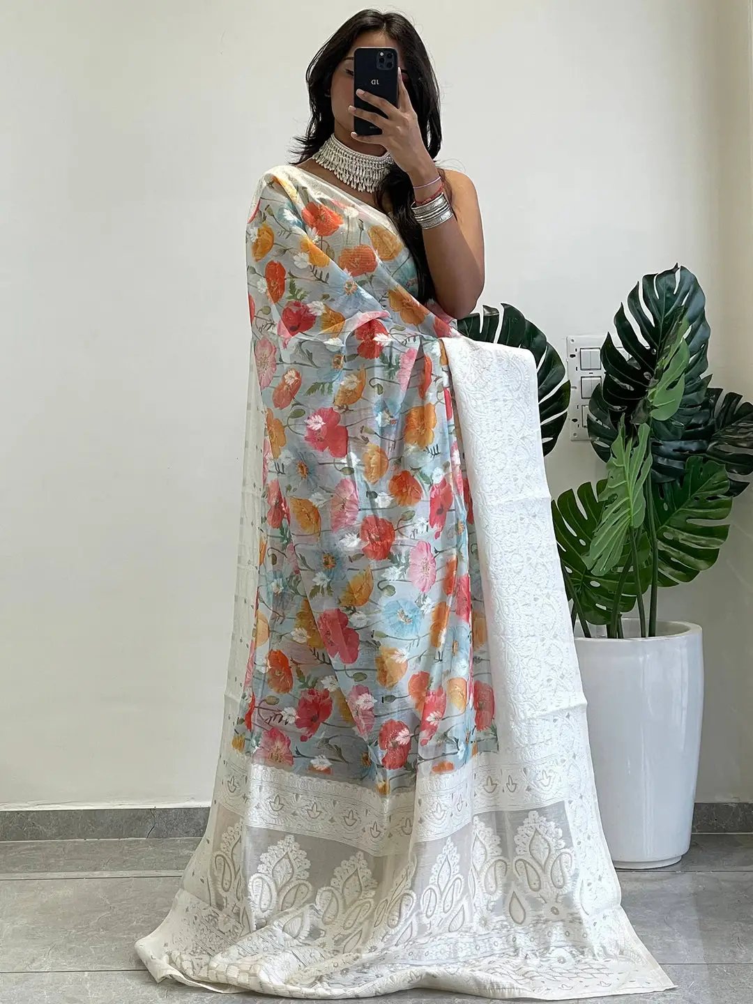 Multi Colour Digital Print Bollywood Saree in Lakhnavi Slub Pattern by My Store