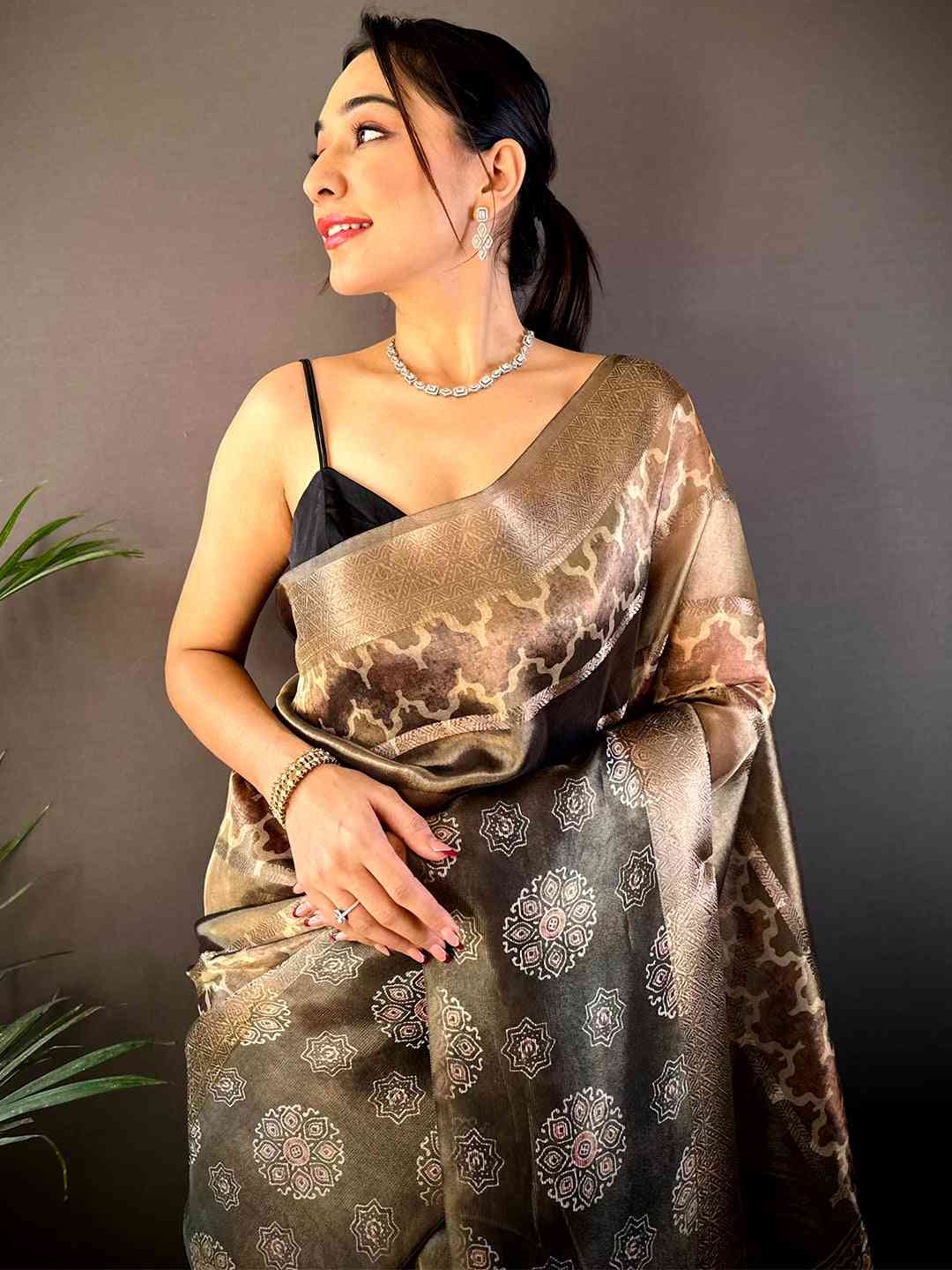 Light Maroon Tissue Striped Digital Printed Saree by My Store