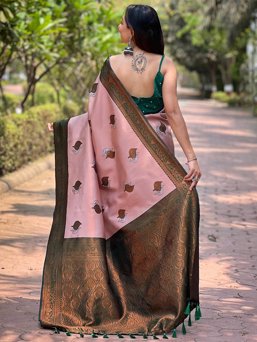 Light Pink Kanjivaram Tissue Saree With Gold Zari Weaving by My Store