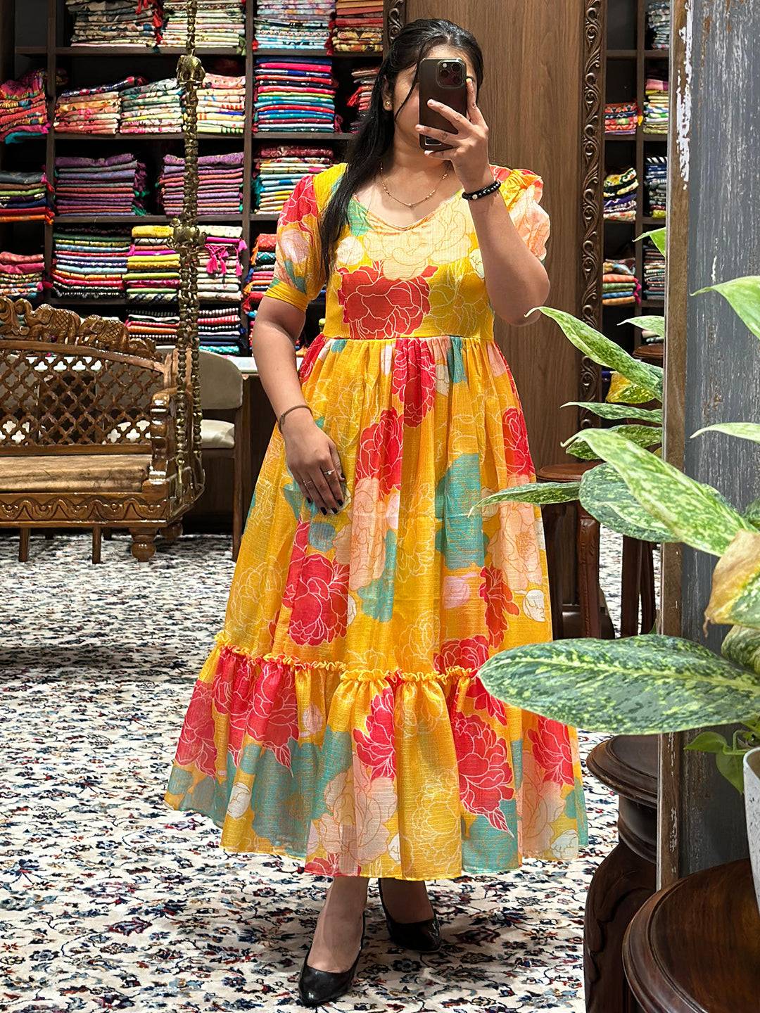 Daylily Yellow V Neck Midi Dress