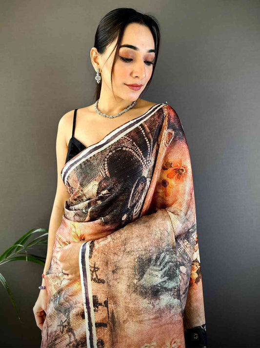 Peach Gold Zari Tussar Batik Print Saree by My Store