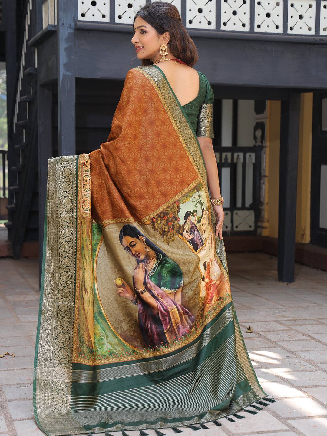 Brown Pure Viscose Dola Silk Saree With Kalamkari And Mughal Print - Luxe by My Store