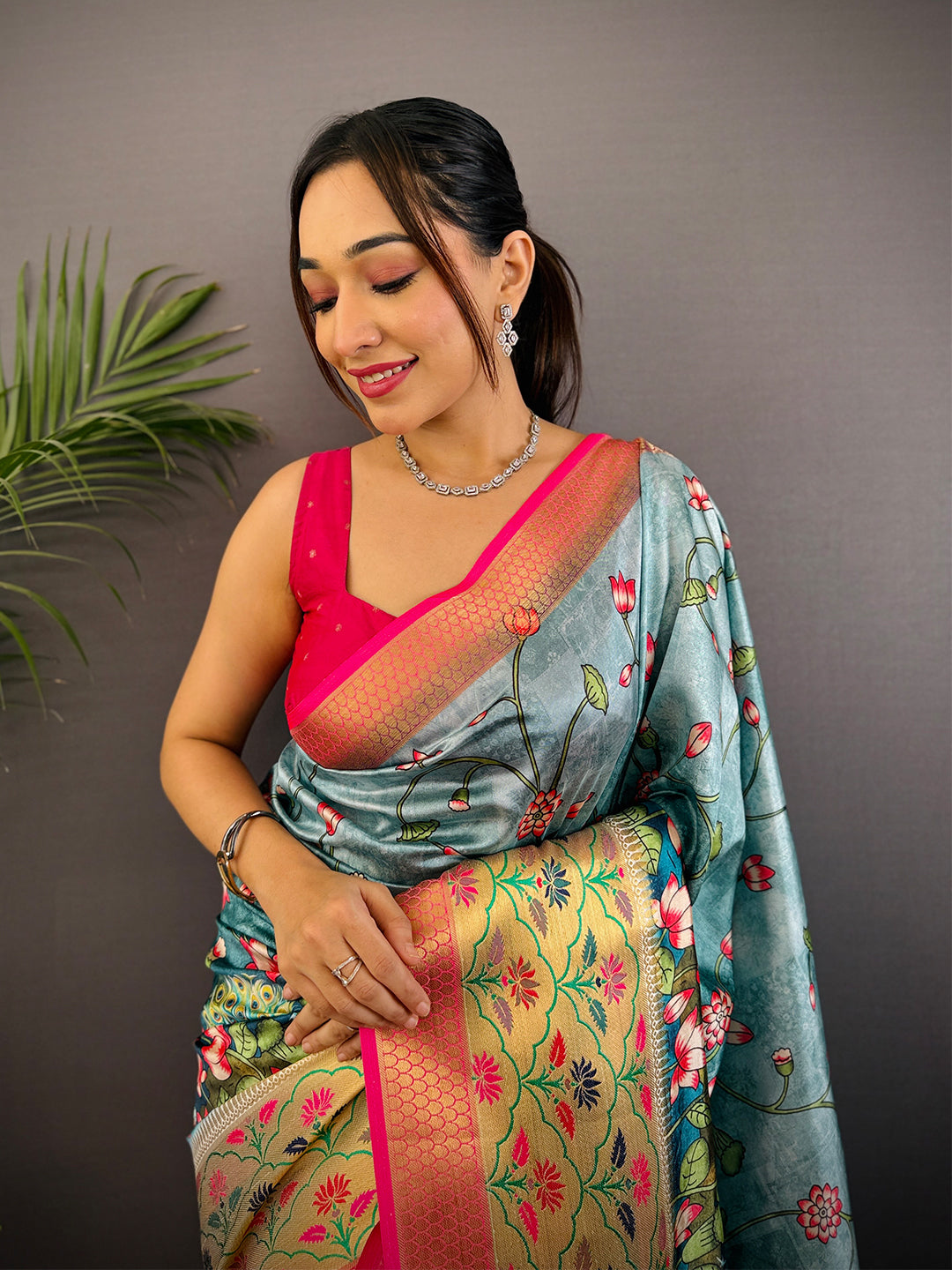 Teal Freehand Digital Print Soft Silk Saree by My Store