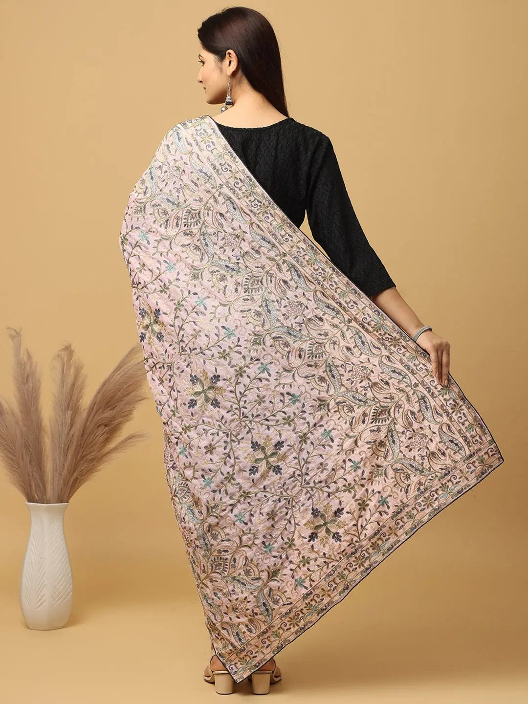 Light Pink Poly Chiffon Pashmina Threadwork Dupatta by My Store