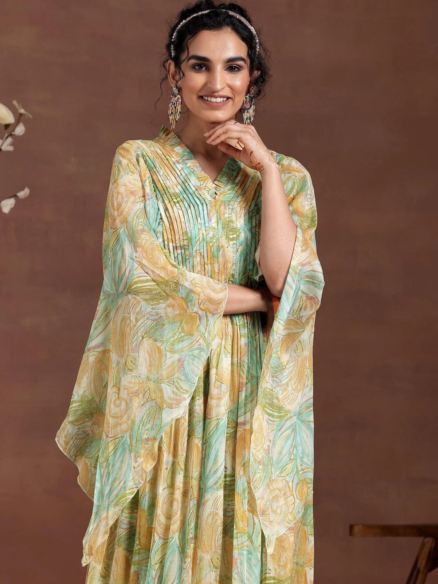 Green Printed Chiffon A-Line Dress by My Store