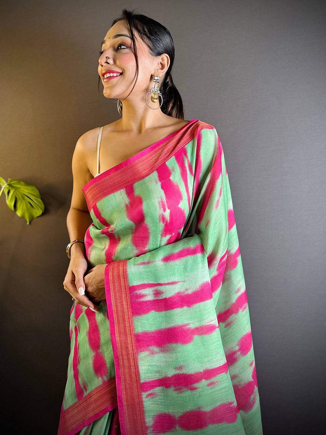 Pista Shibori Print Linen Saree by My Store