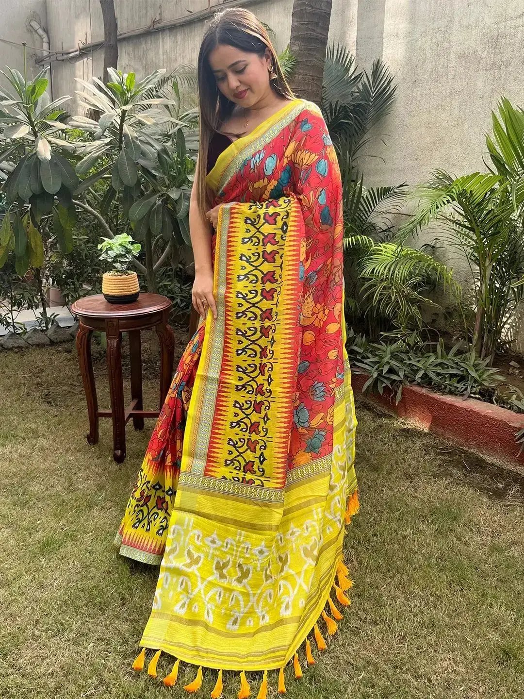 Floral Ikkat Printed Party Wear Saree by My Store