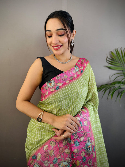 Mint Green Linen Kalamkari Print Saree by My Store