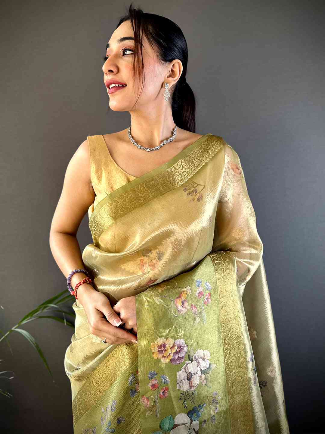 Pista Tissue Digital Floral Saree by My Store