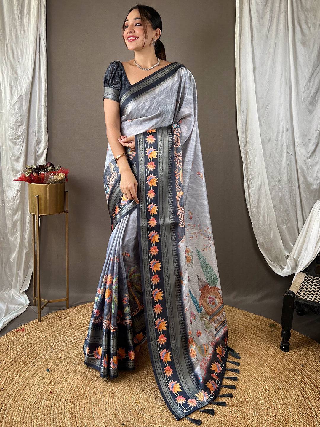 Dove Grey Kota Satin Border Saree by My Store