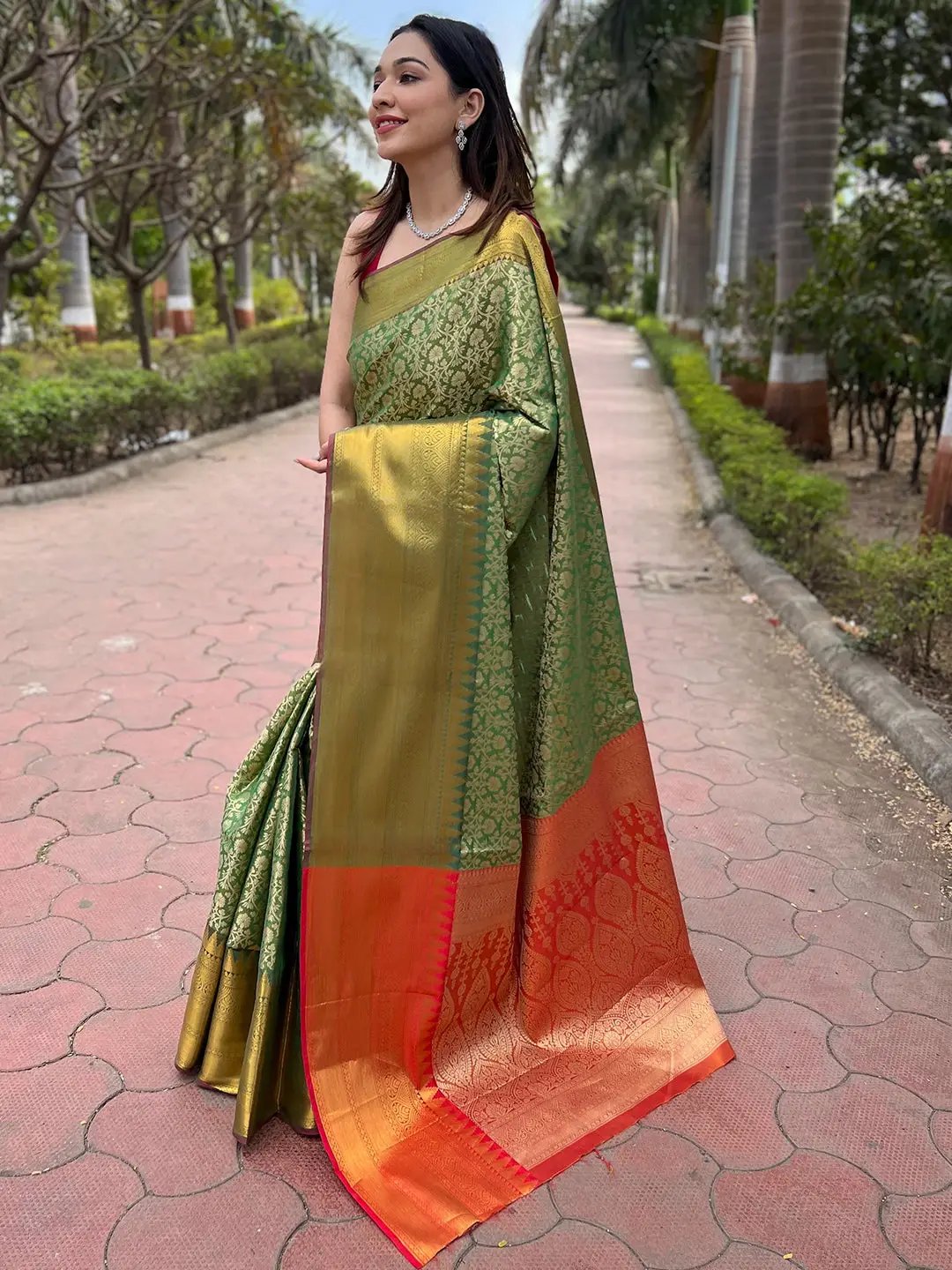 Pista Colour One Gram Gold Tissue Saree With Jacquard Woven Work by My Store