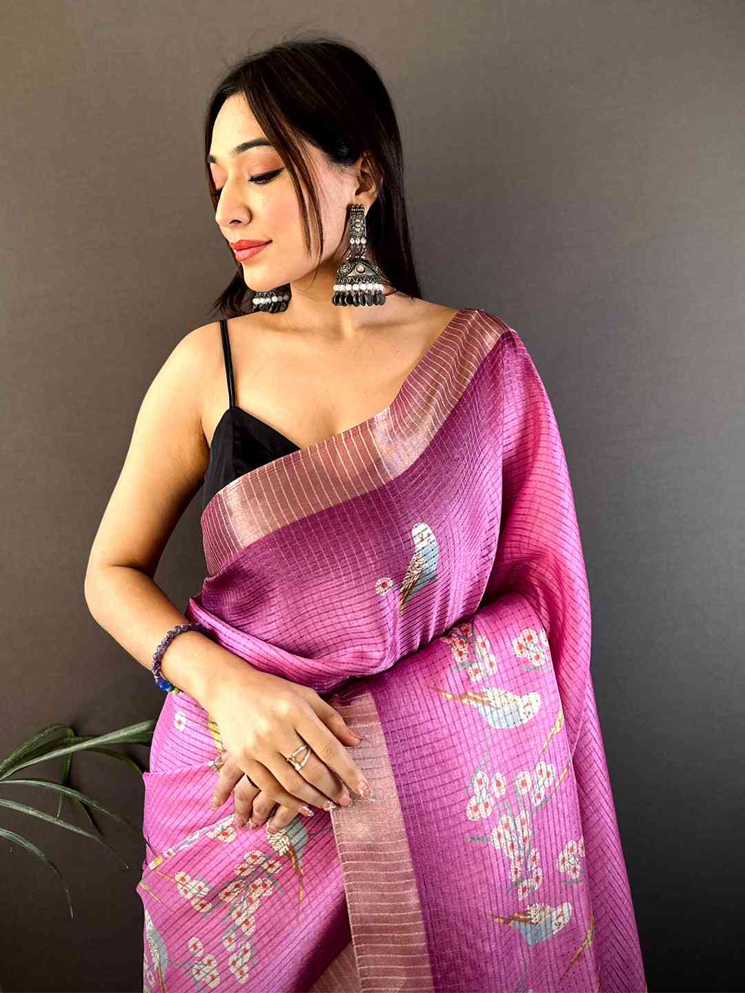 Pink Chanderi Check Sparrow Print Saree by My Store