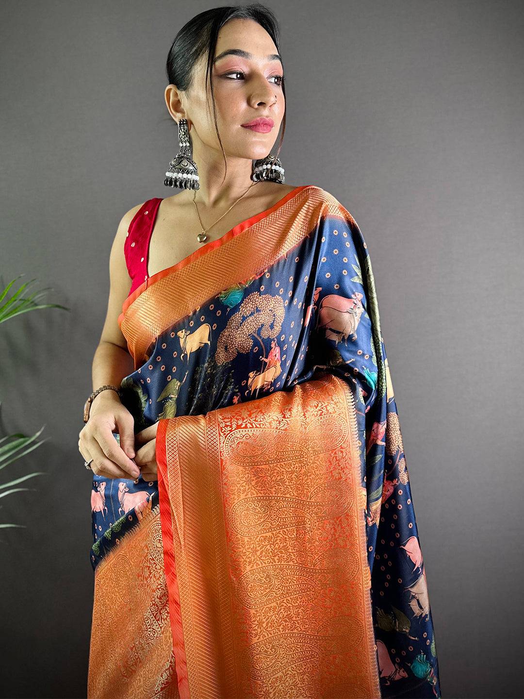 Navy Satin Pichwai Print Saree by My Store
