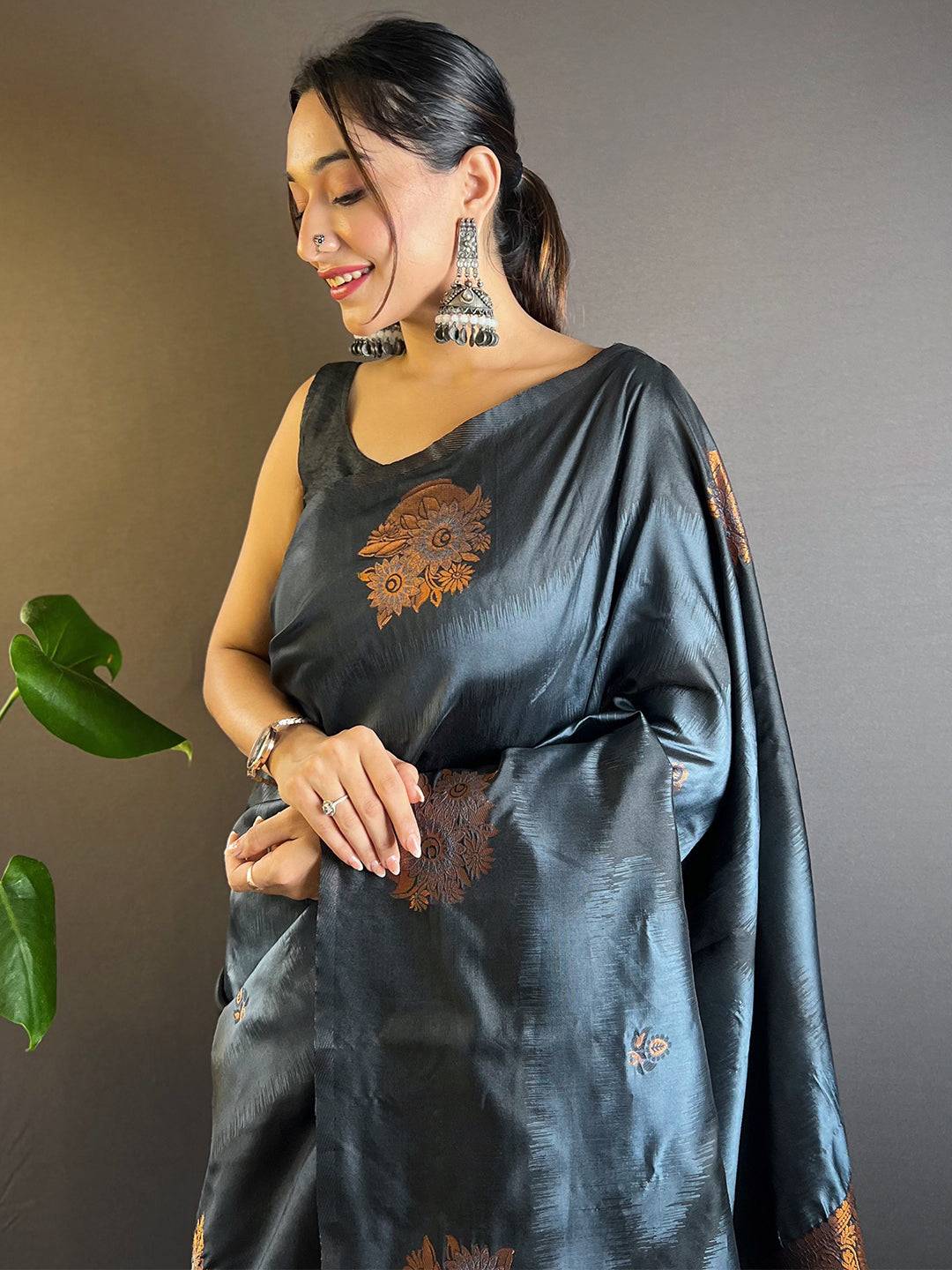 Black Tussar Silk Ikkat Weaving Saree