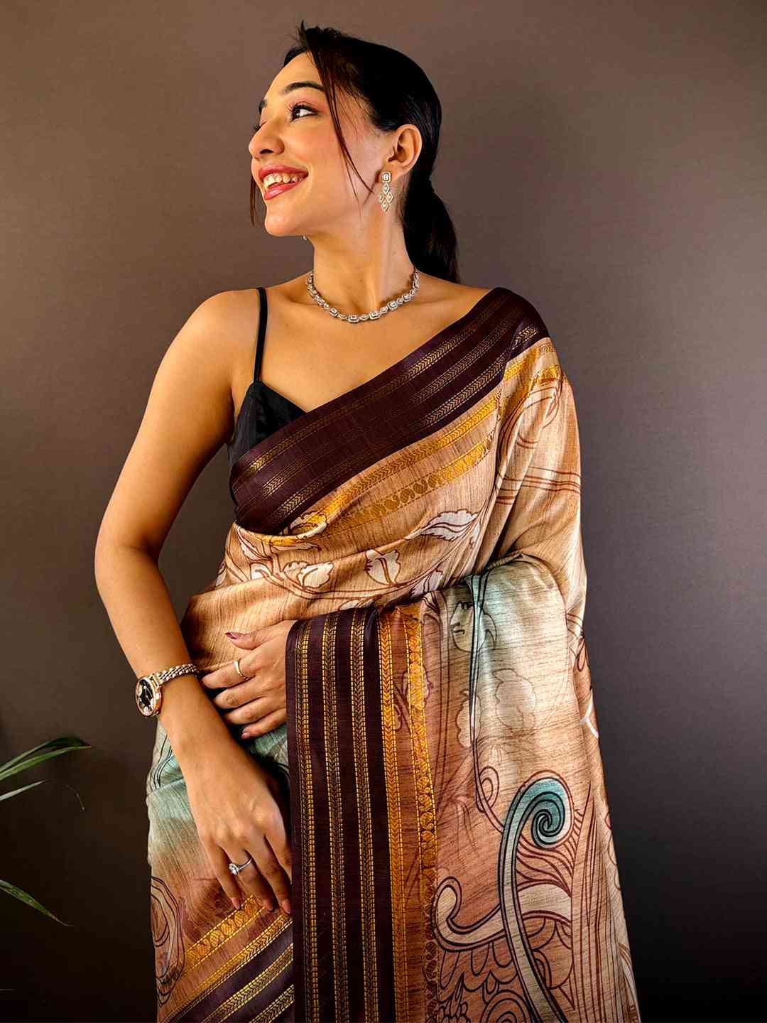 French Beige Soft Silk Abstract Geometric Saree by My Store