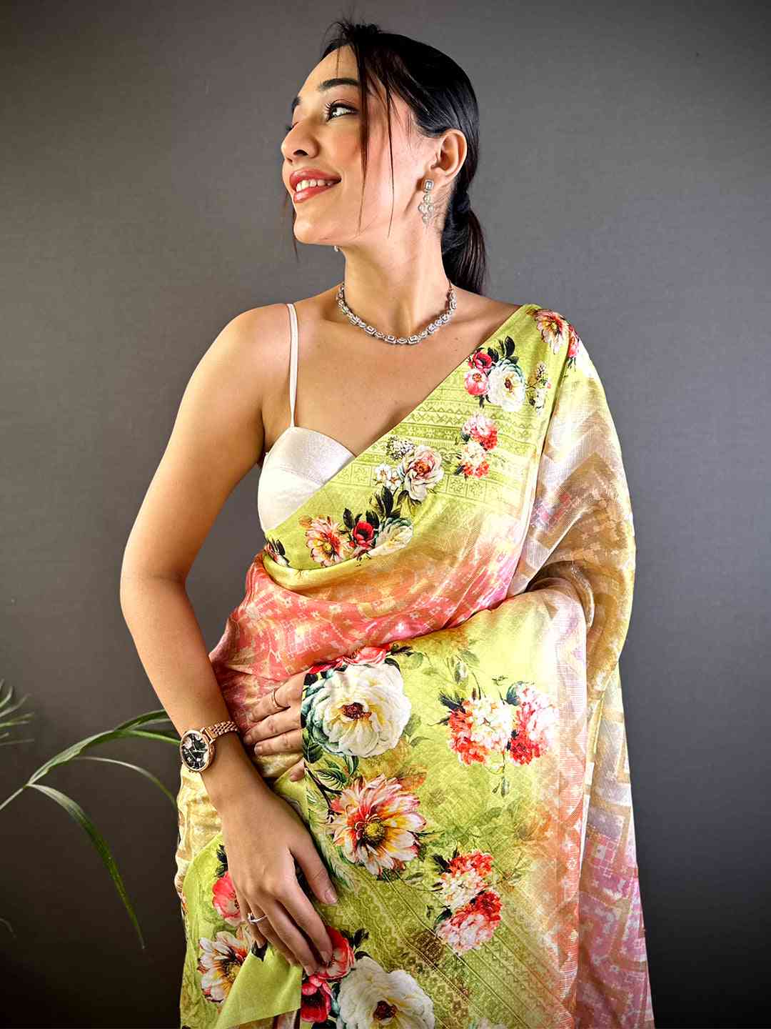 Lime Green Zari Zigzag Kota Doriya Saree by My Store