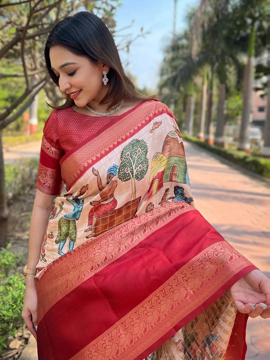 Peach Colour Double Border Chex Weaving Banarasi Soft Silk Saree by My Store