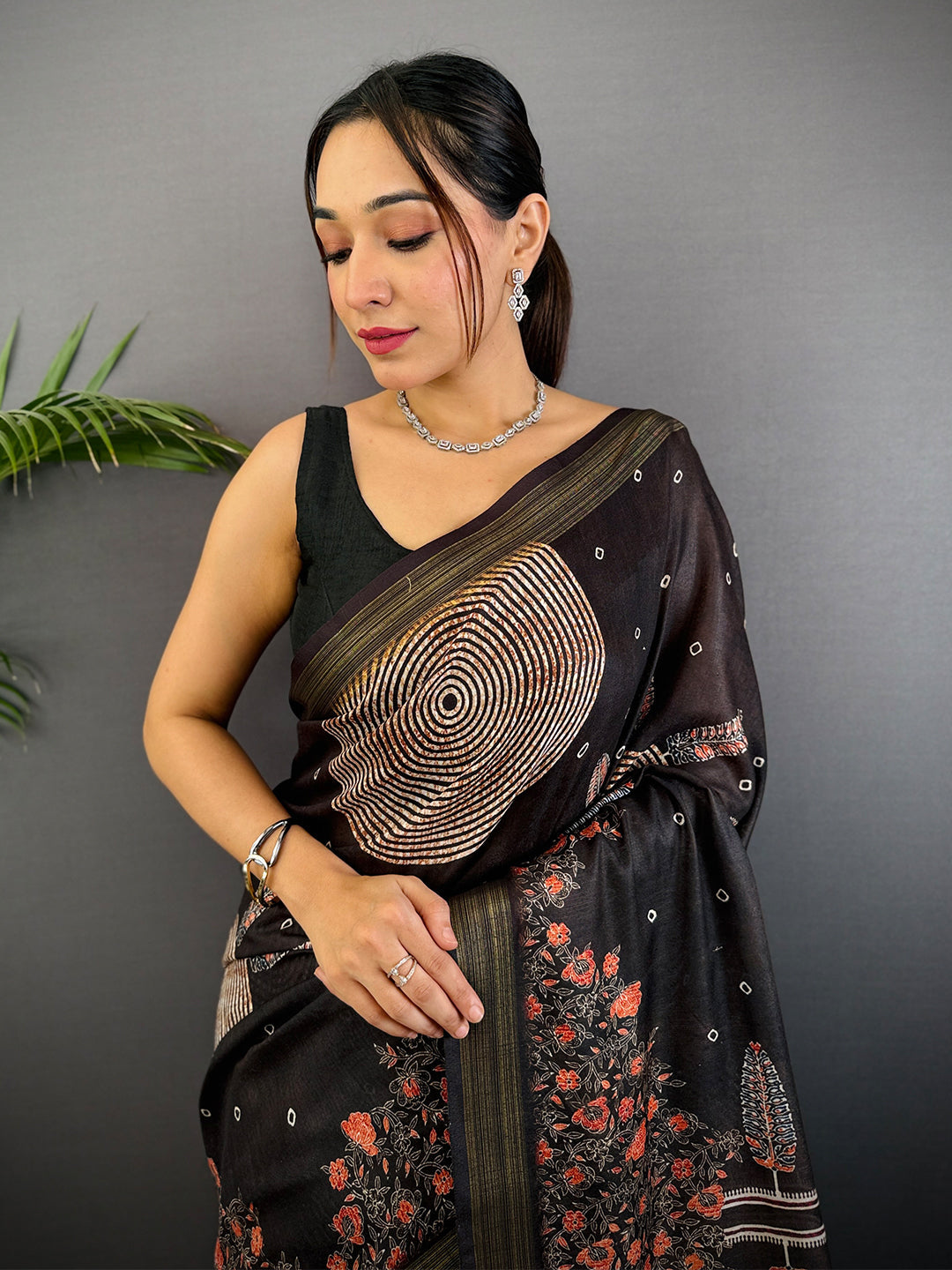 Deep Brown Linen Ajarak Print Saree by My Store