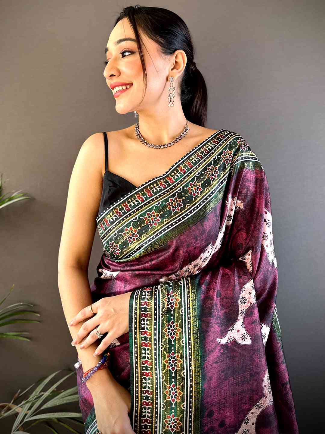 Dark Wine Soft Silk Fish Kalamkari Saree by My Store