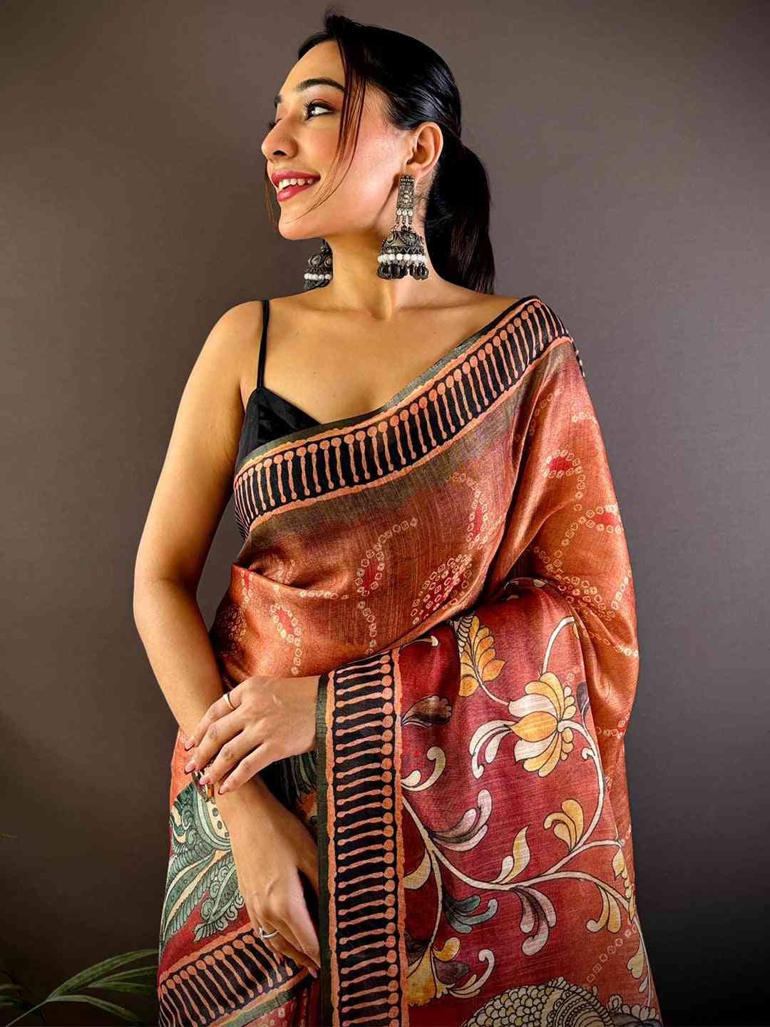 Light Brown Floral Chanderi Saree by My Store
