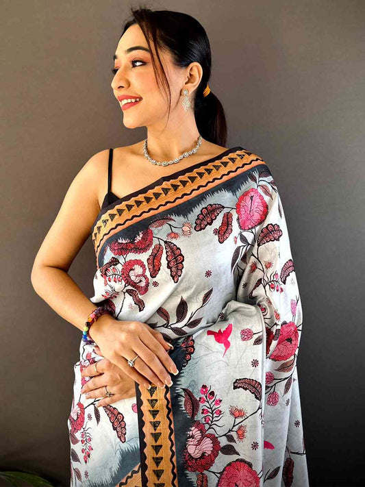 Ice Blue Soft Silk Floral Saree by My Store
