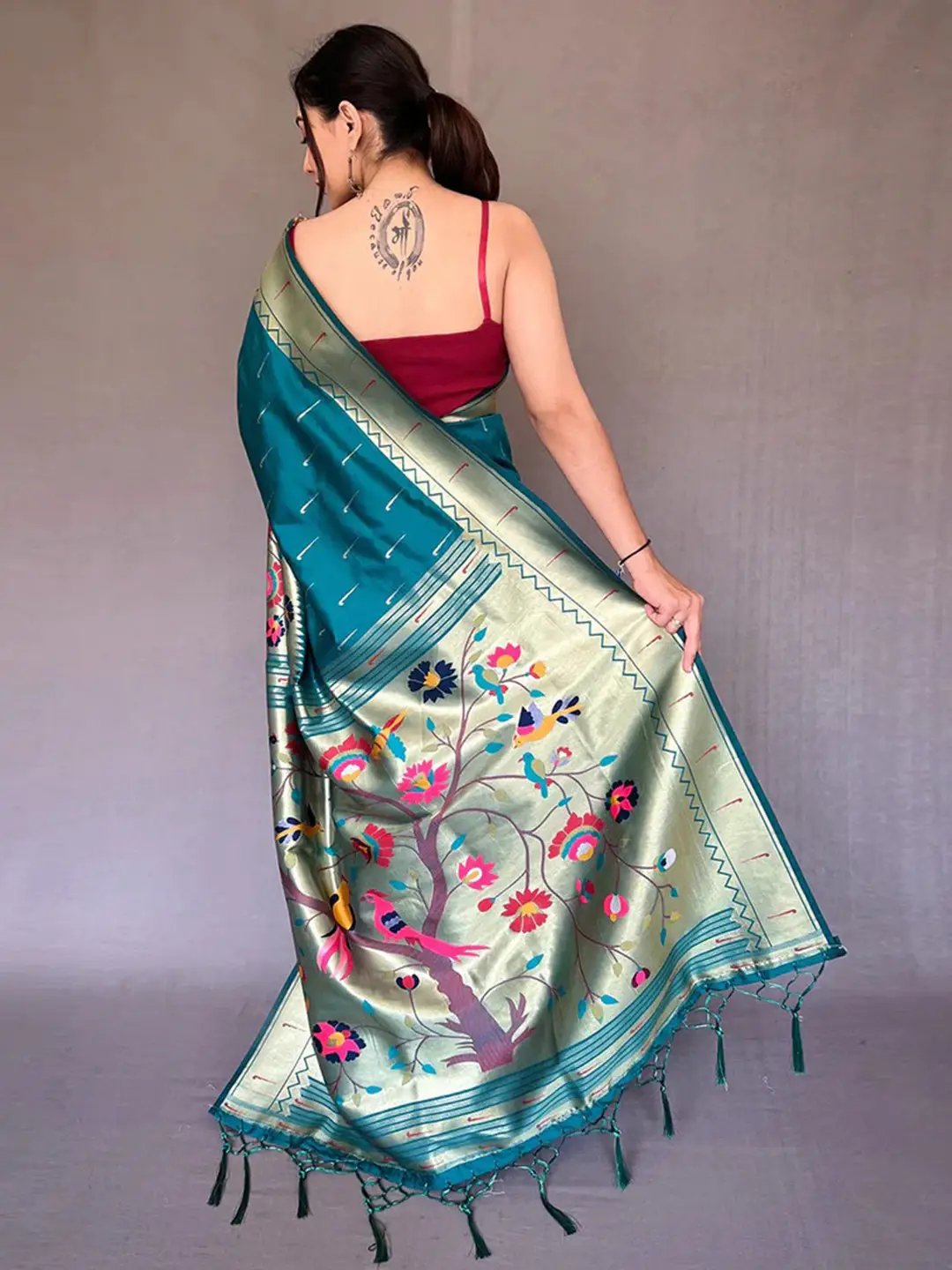 Teal Colour Paithani Big Border Zari Woven Saree by My Store